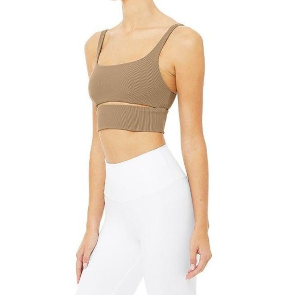 Alo Slit Bra Cut Out Ribbed Crop Scoop Neck Activewear Brown Taupe